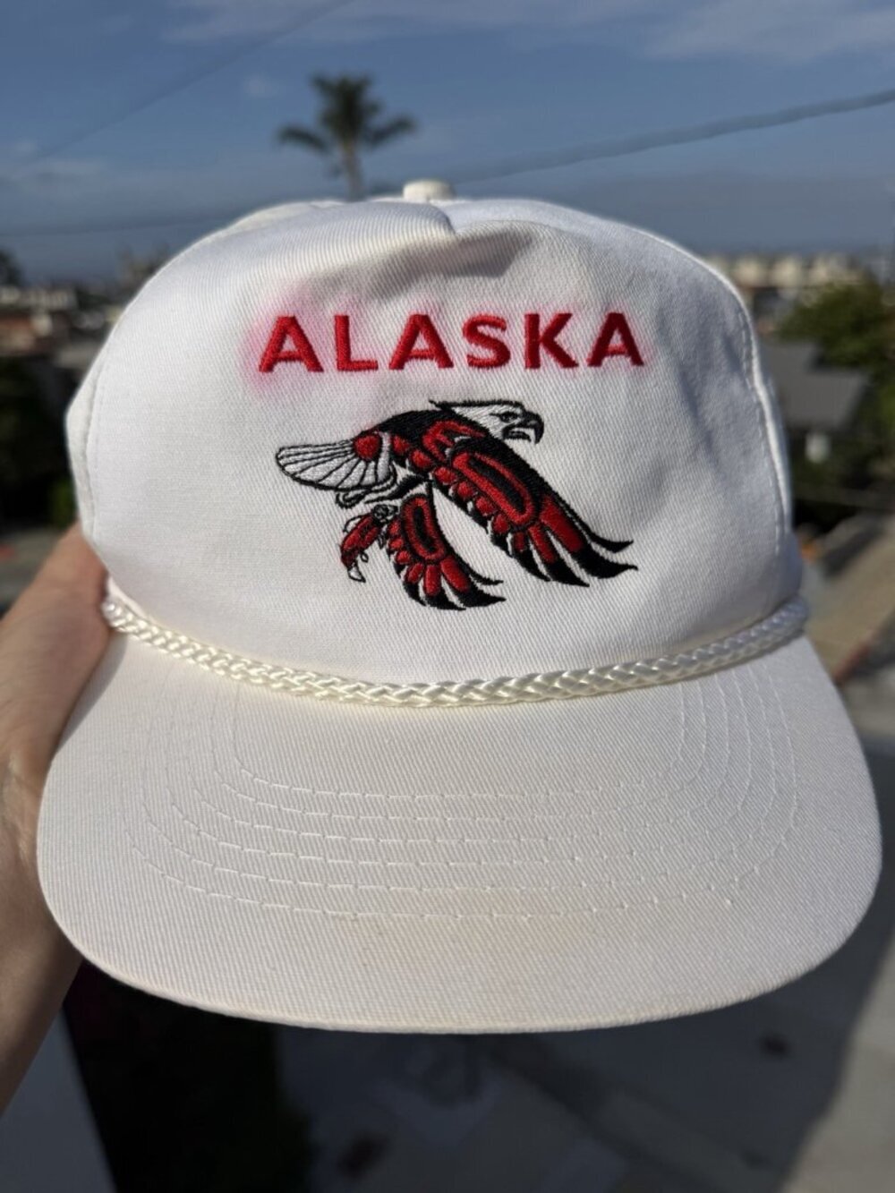 Vintage 90s Alaska Tribal Embroidered Eagle white rope trucker hat streetwear